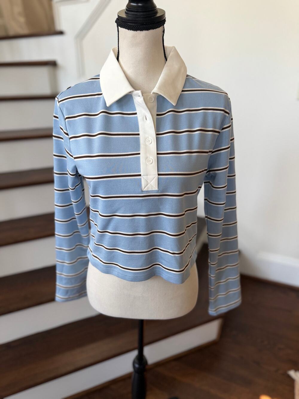 NWT Bailey/44 Blue & Brown Rugby Stripe Collared Crop Oversize Polo Shirt